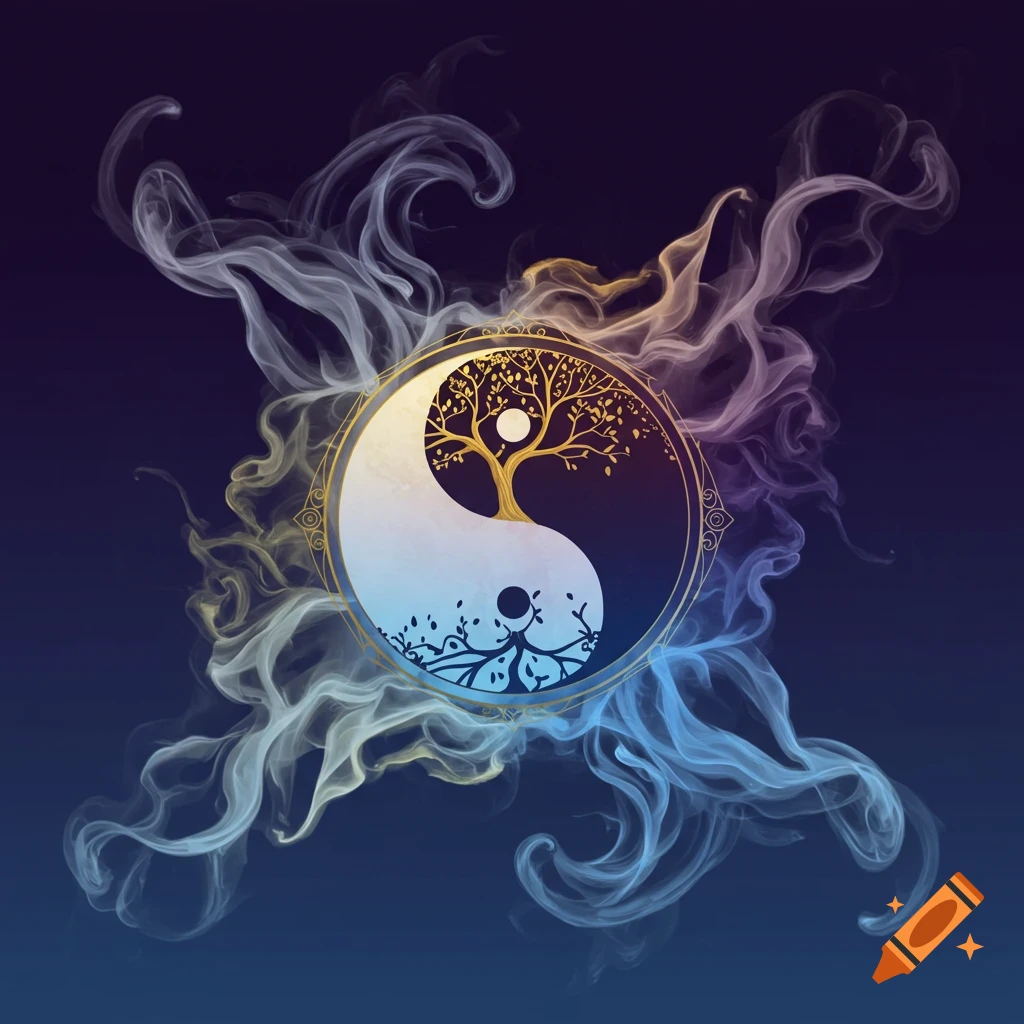 An abstract yin yang symbol with a tree and smoke effects.