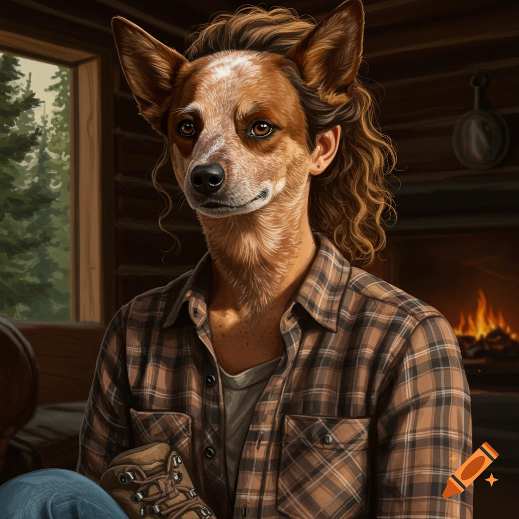 A person with a dog's head wearing a flannel shirt in a cabin.
