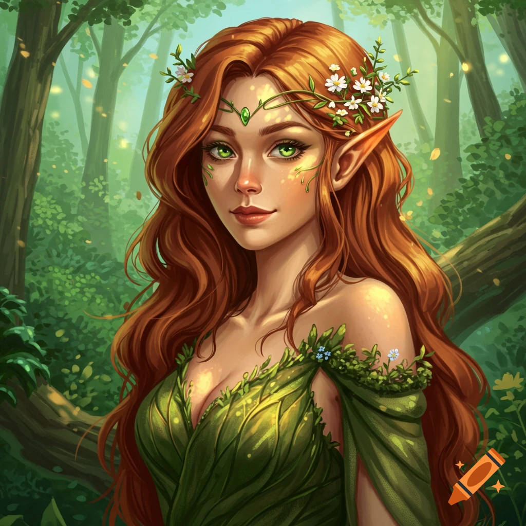 A female wood elf with green eyes and red hair in a forest