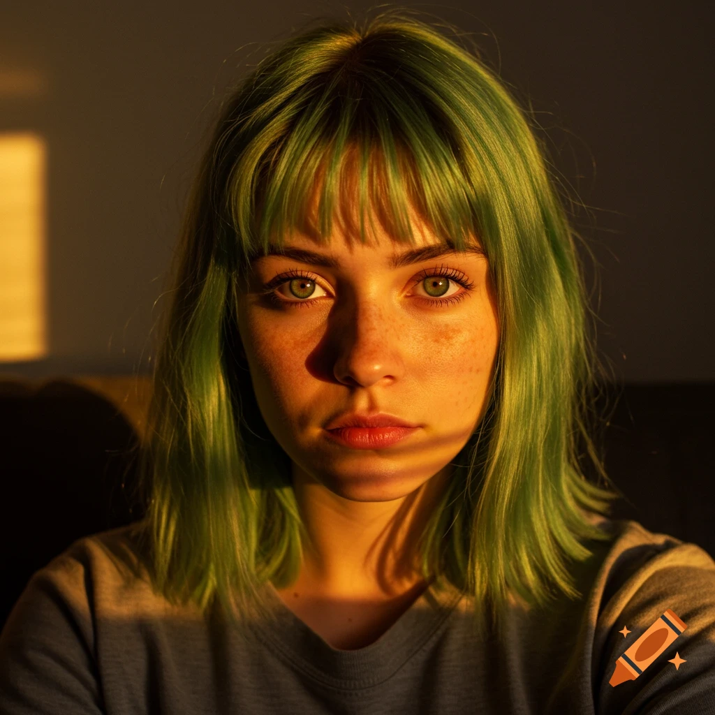 Close-up portrait of a woman with green hair and bangs, lit by warm sunset light.