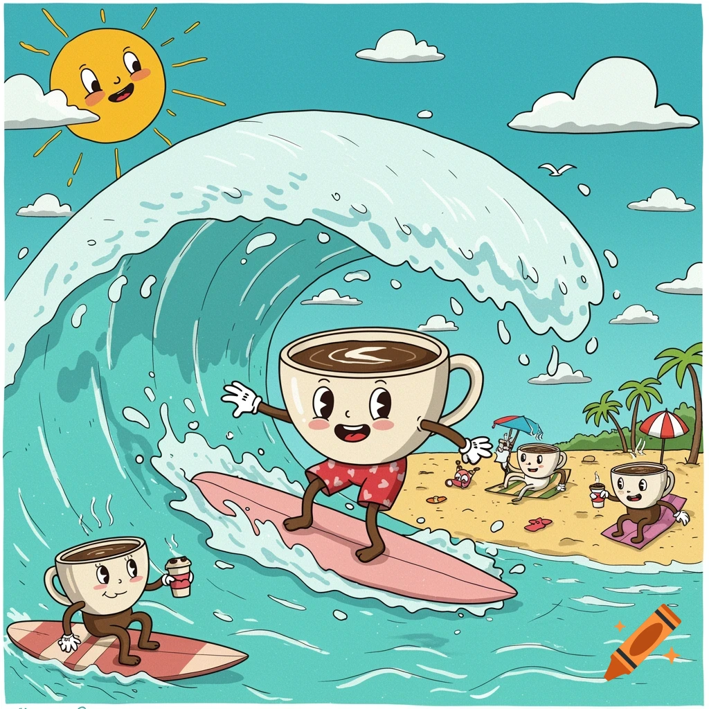 Cartoon coffee cups surfing and relaxing on a sunny beach.