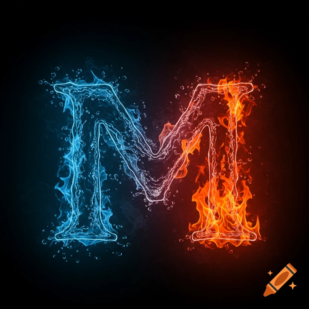 Capital letter M split between blue water on the left and red fire on the right against a dark background.