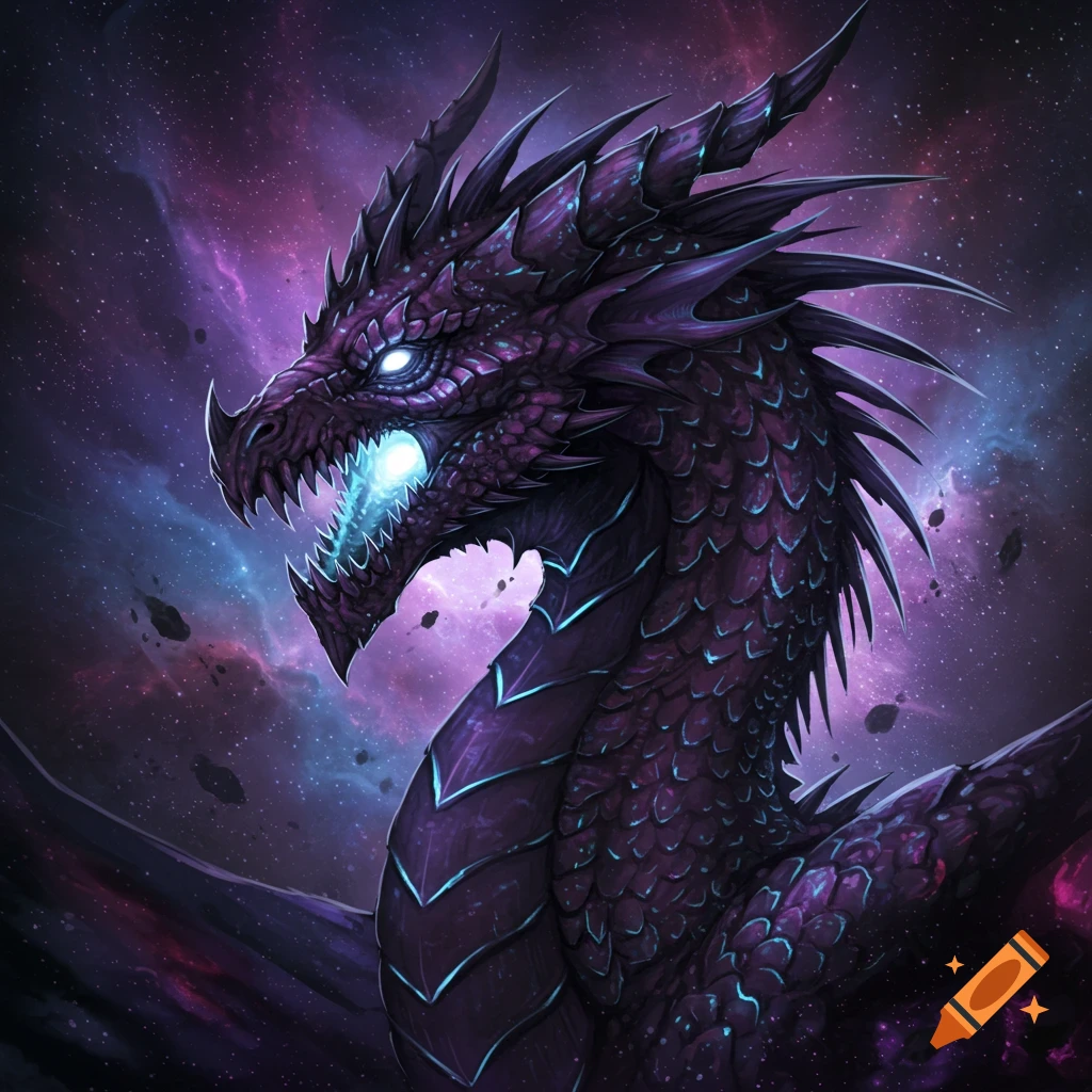 Purple dragon head in space with glowing eyes and mouth.