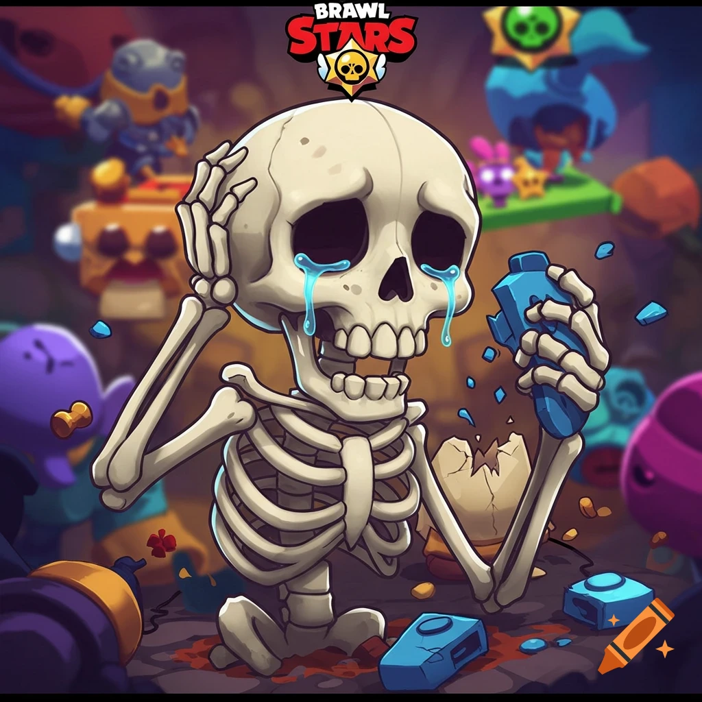 A crying skeleton holds a broken blue object amidst rubble, with stylized characters and the Brawl Stars logo in the background.