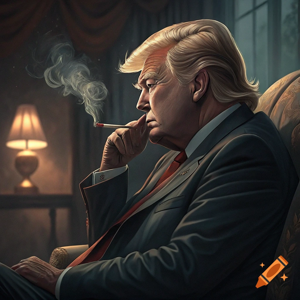 Profile portrait of Donald Trump smoking a cigarette while sitting in a chair in a dimly lit room. Realistic style.