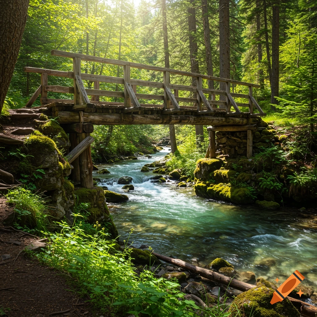 A wooden bridge crosses a clear stream in a sunlit forest.