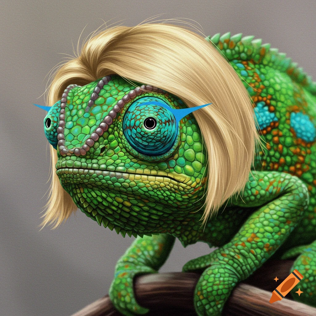 Close-up of a green chameleon wearing a blonde wig and blue eyeliner on a branch.