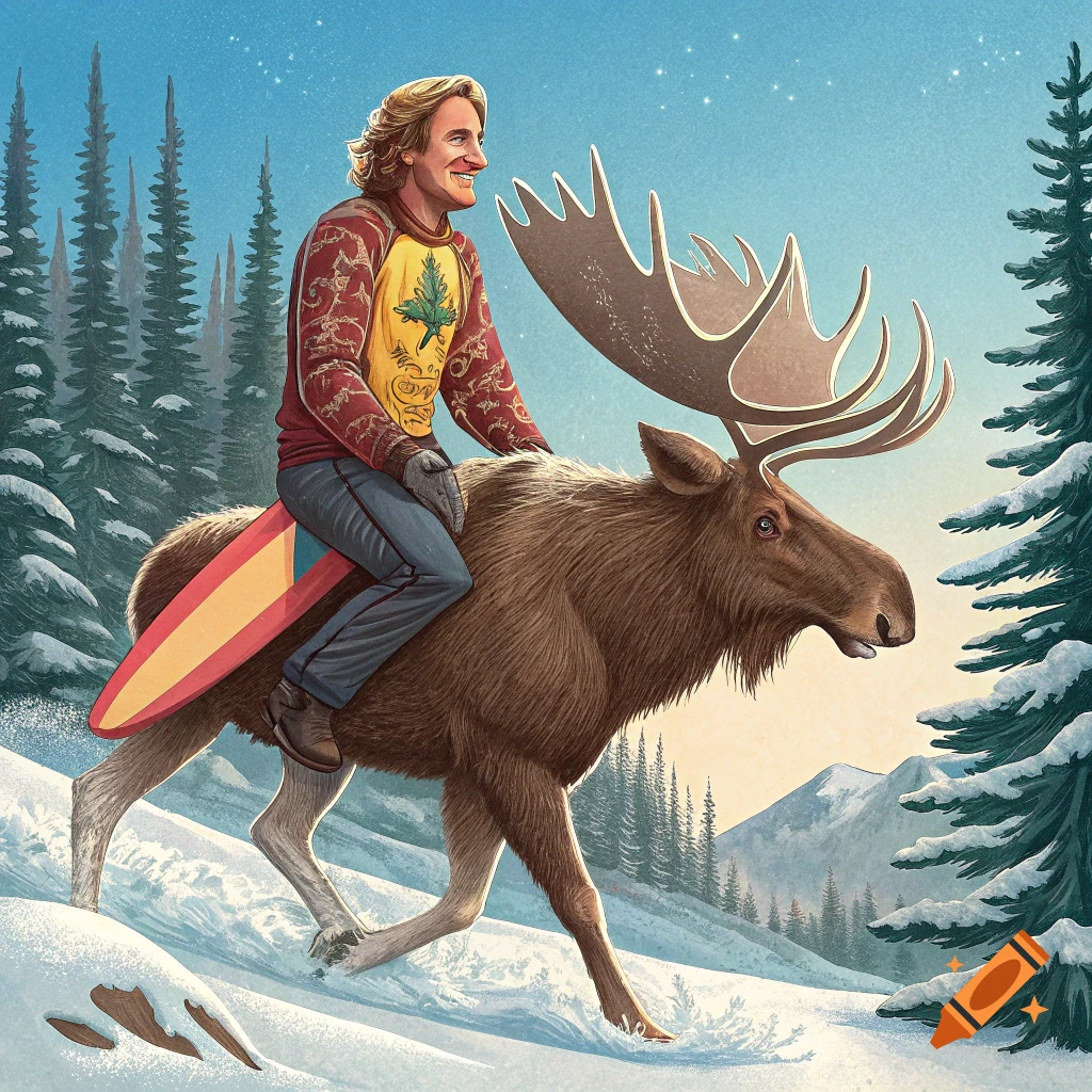 Illustrative image of a man riding a moose down a snowy slope, carrying a surfboard.