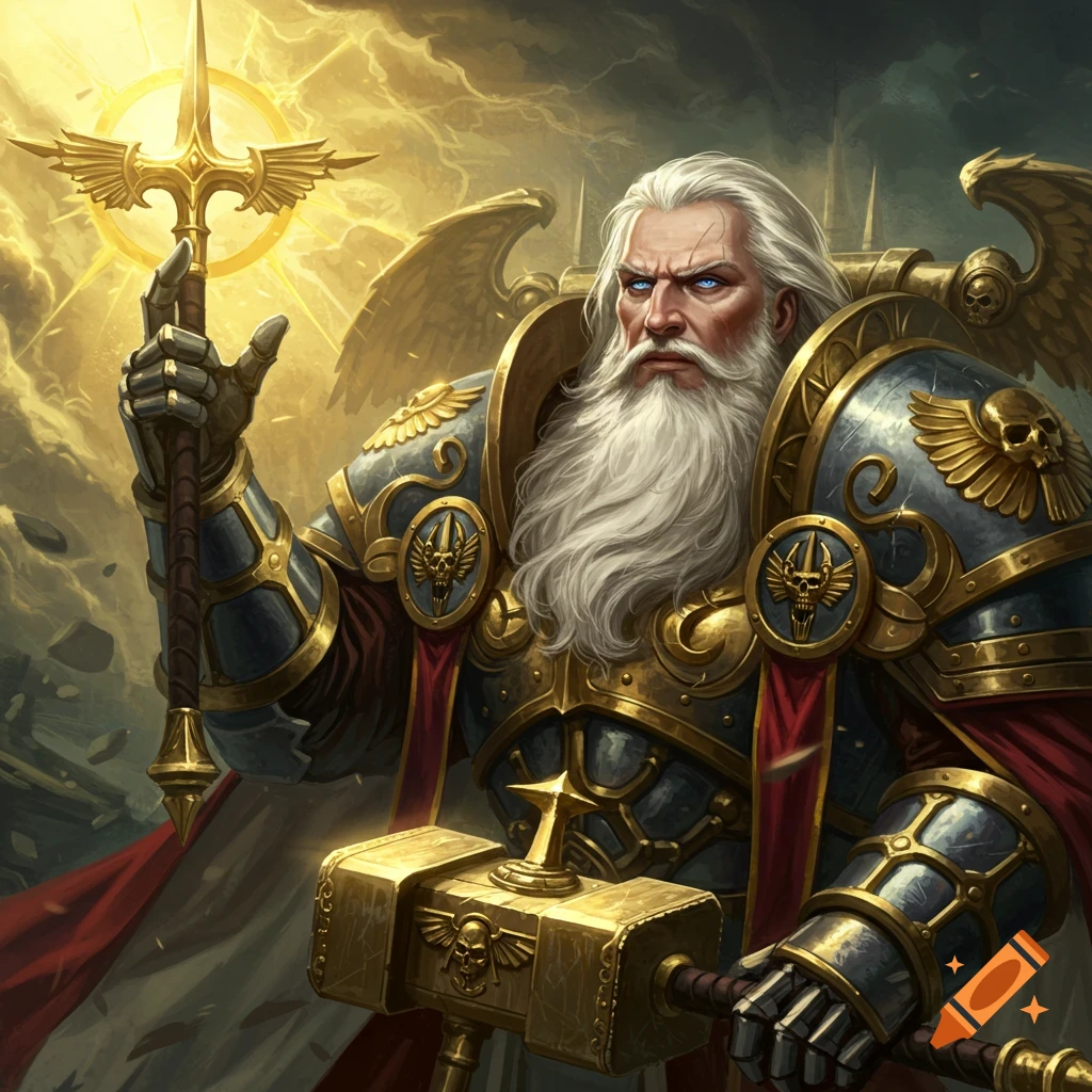A fantasy portrait of a white-bearded warrior in ornate gold and blue armor, holding a staff and hammer, against a stormy sky.