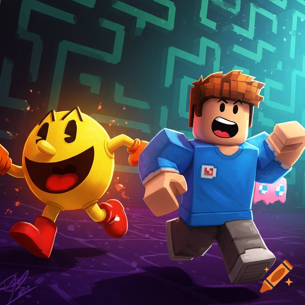 Pac-Man and a Roblox character running in a maze.