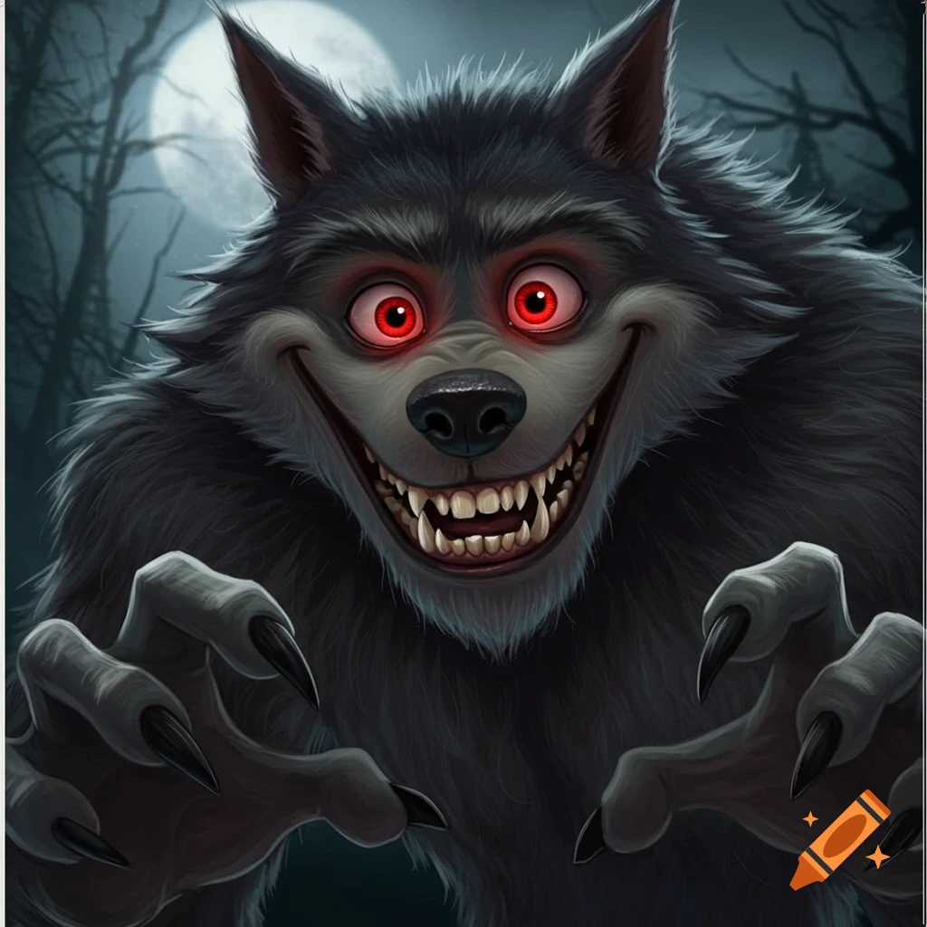 Cartoon image of a scary werewolf with red eyes and big smile reaching forward in a forest at night.