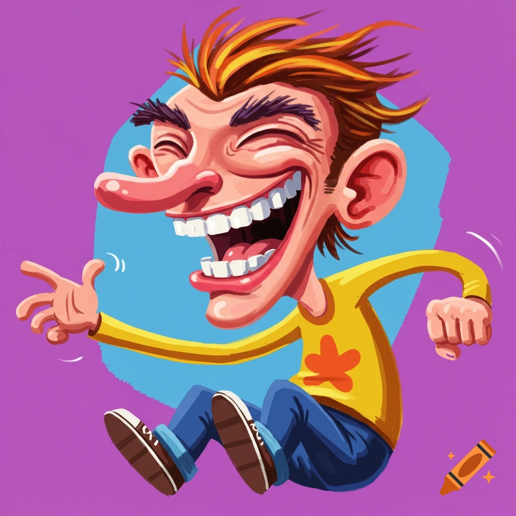 Cartoon man laughing with exaggerated features