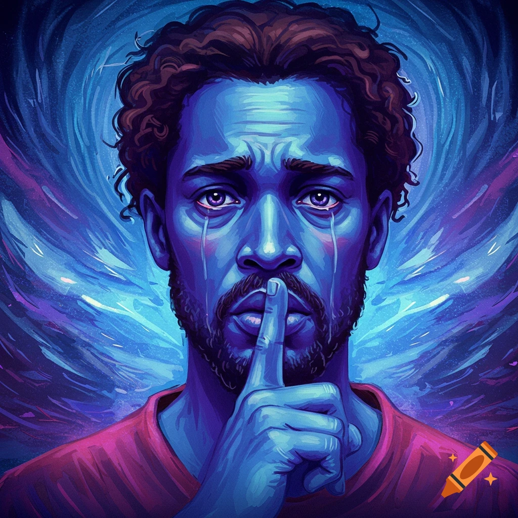 A stylized image of a man crying with his finger to his lips against a blue background.