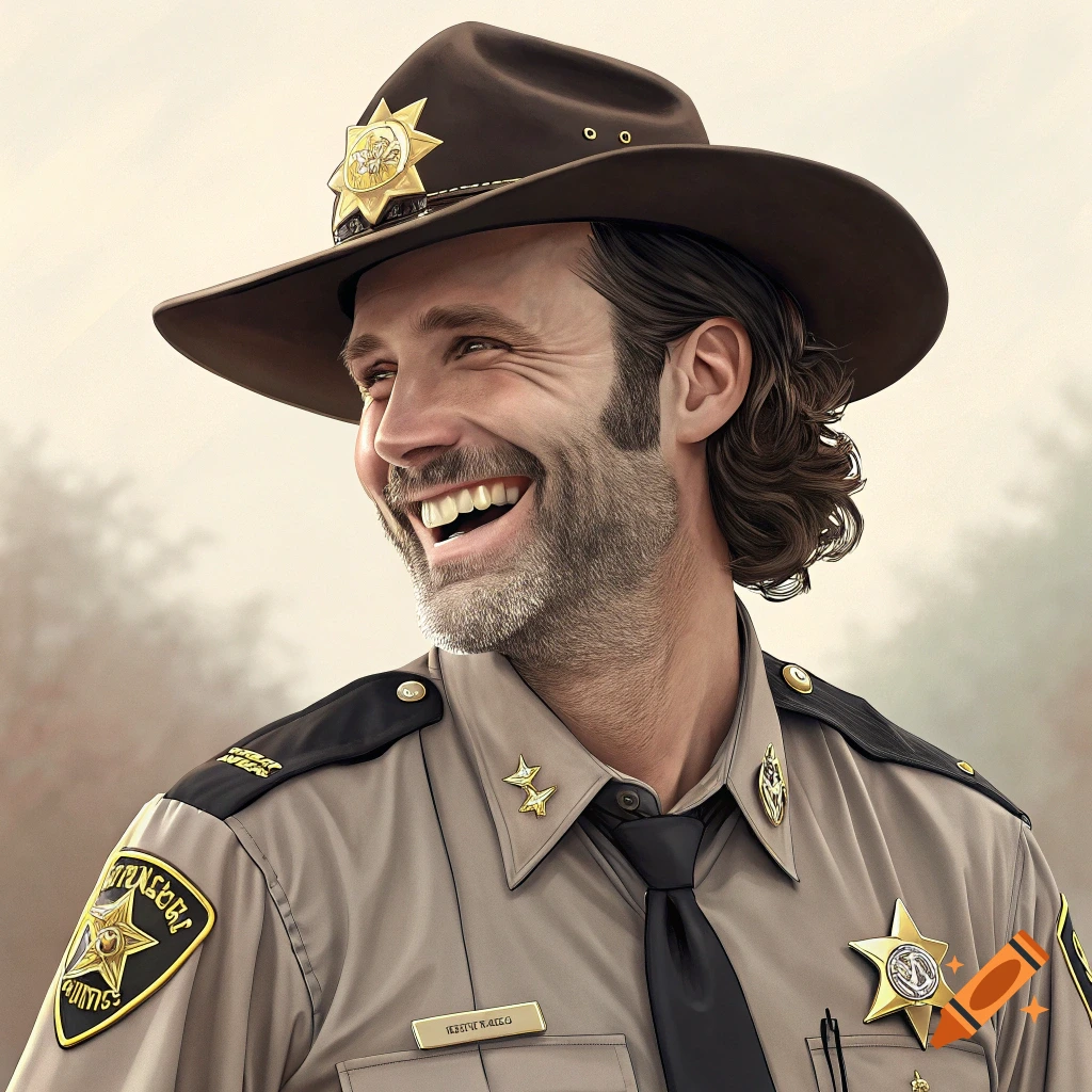 A man resembling Rick Grimes in a sheriff's uniform smiles.