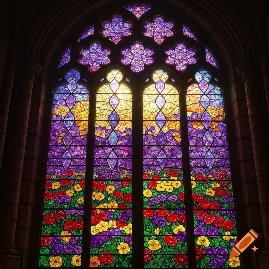 A vibrant stained glass window featuring purple, yellow, and red flowers in a gothic archway.