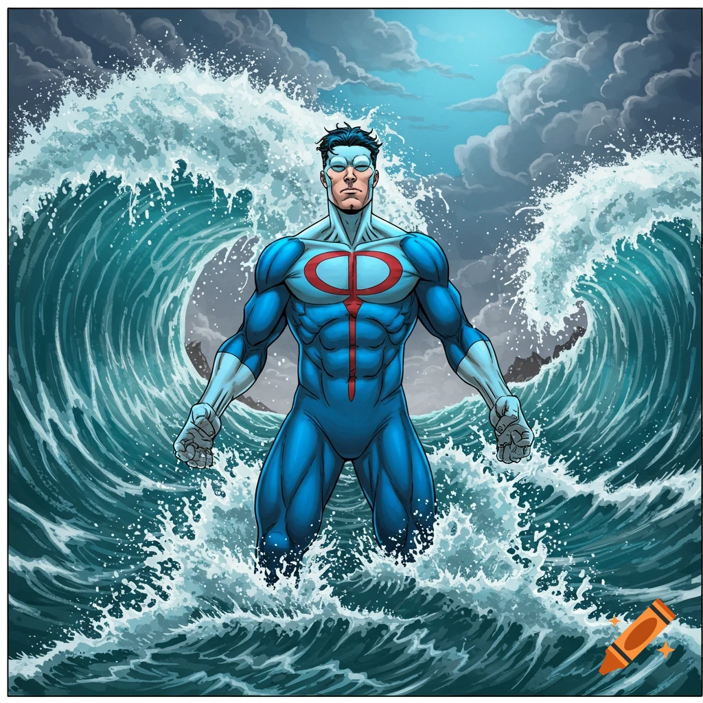 A superhero in a blue and red suit stands amidst large crashing waves.