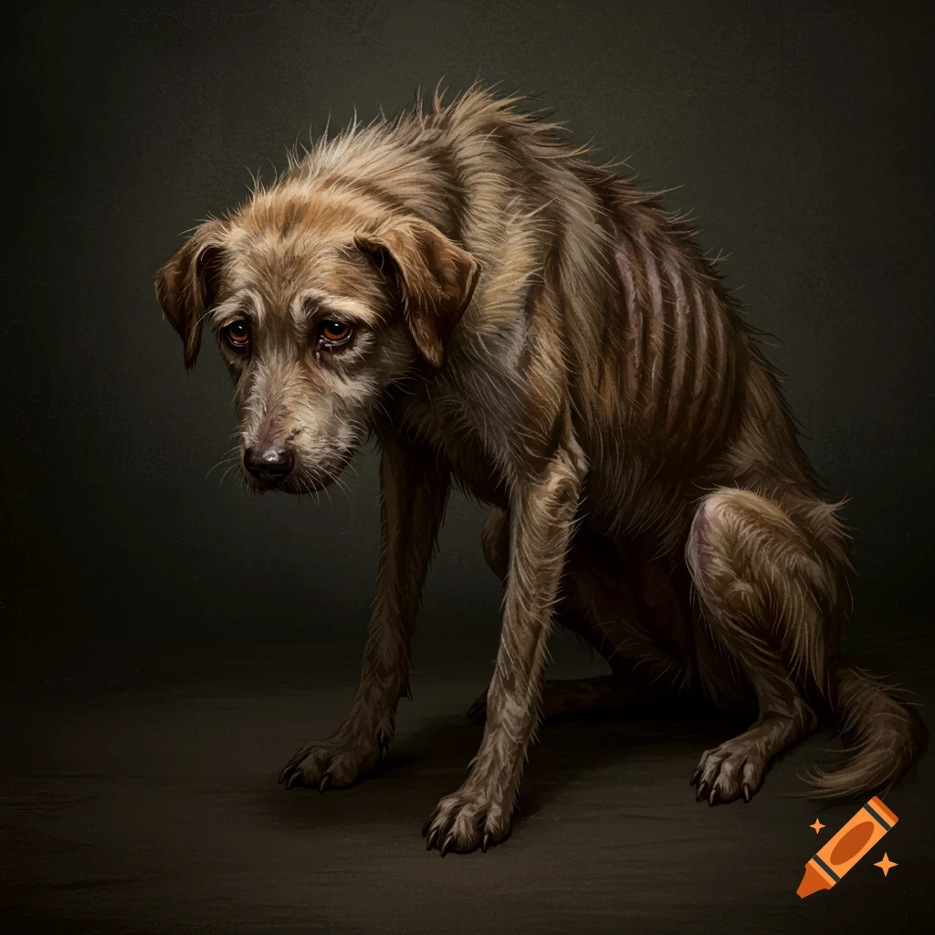 A sad, emaciated dog sits.