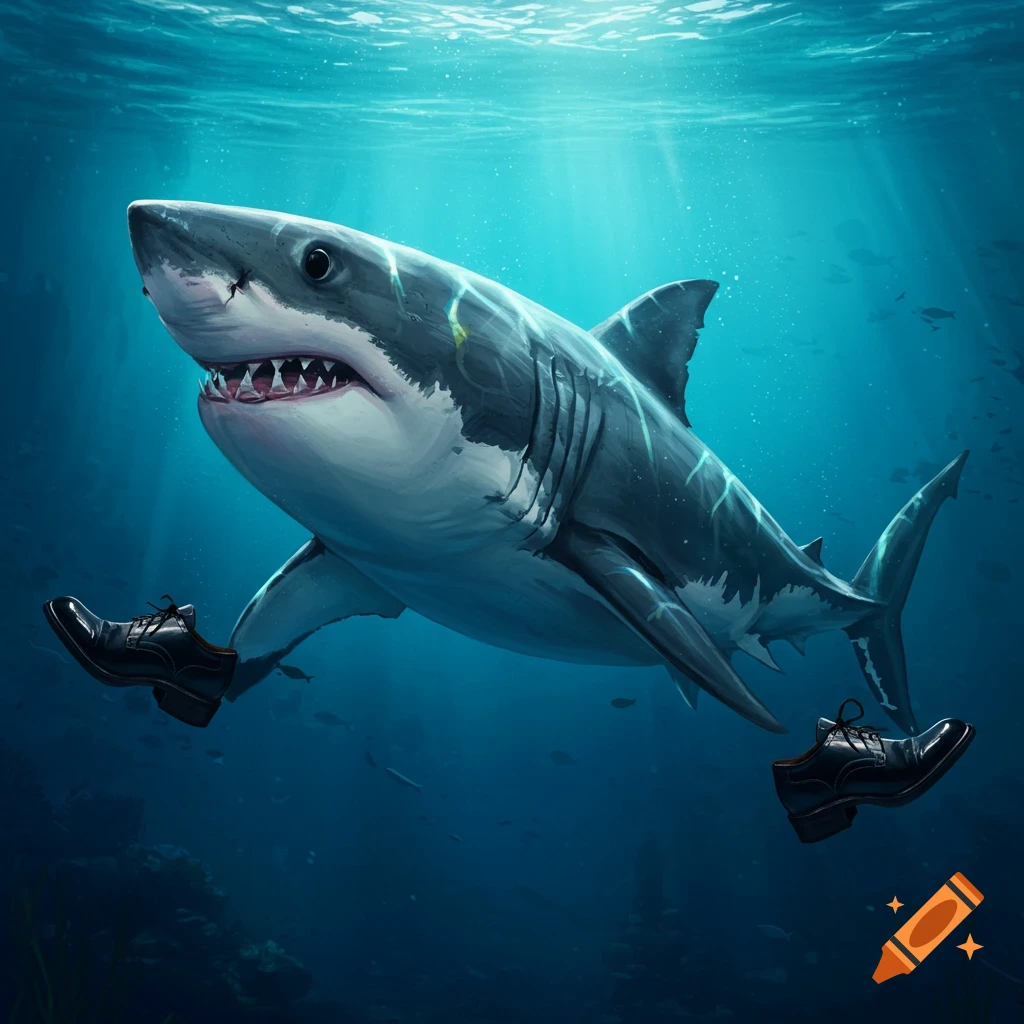 A shark wearing black dress shoes underwater.