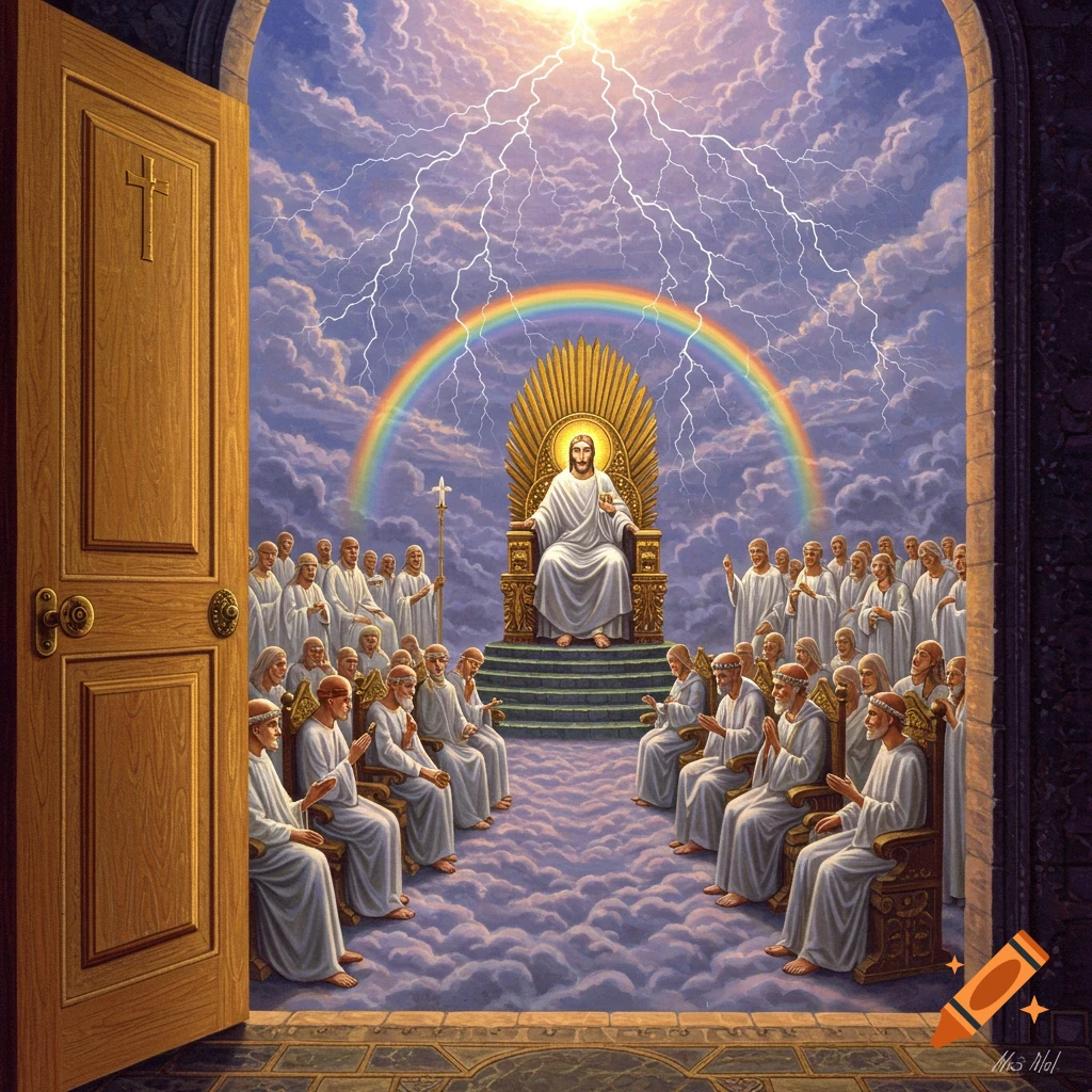 Jesus on a golden throne in heaven, surrounded by elders, lightning, and a rainbow.