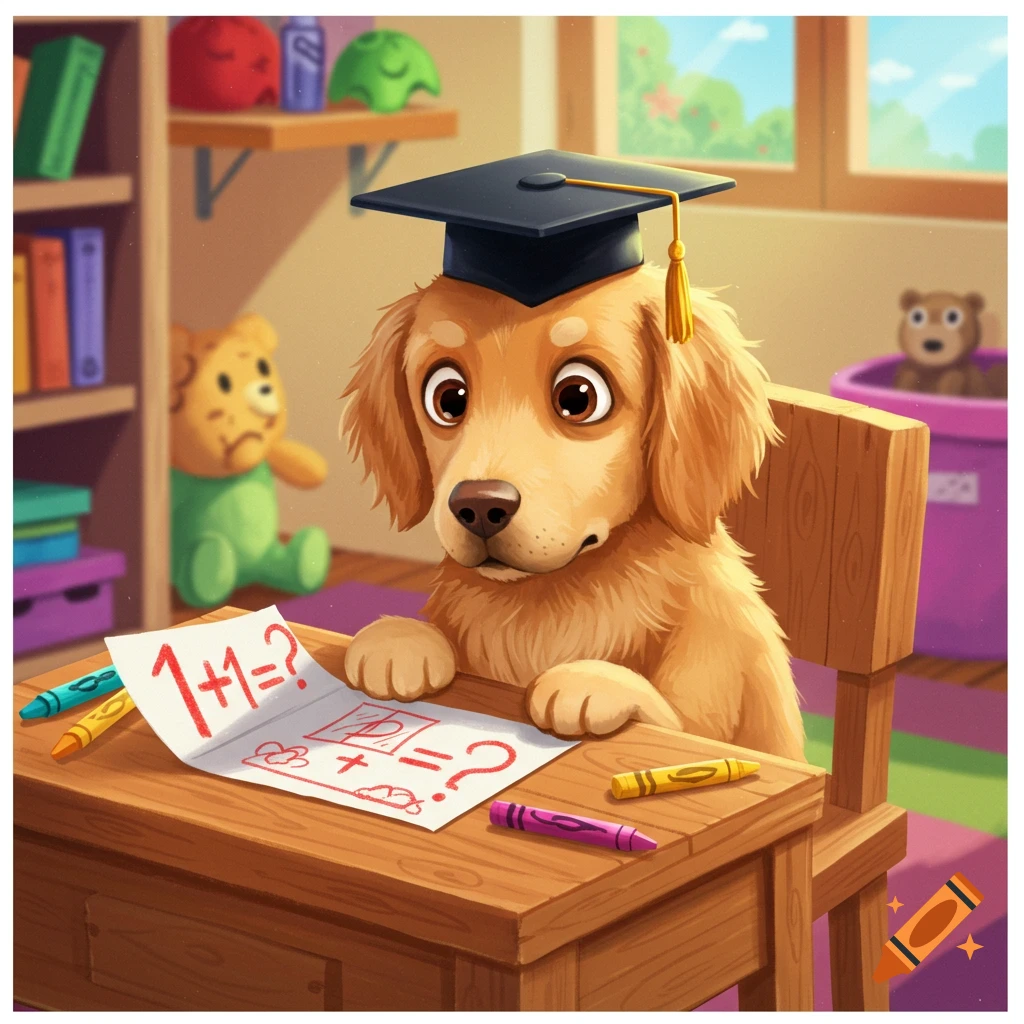 A cute dog wearing a graduation cap sits at a desk with a paper showing '1+1=?'