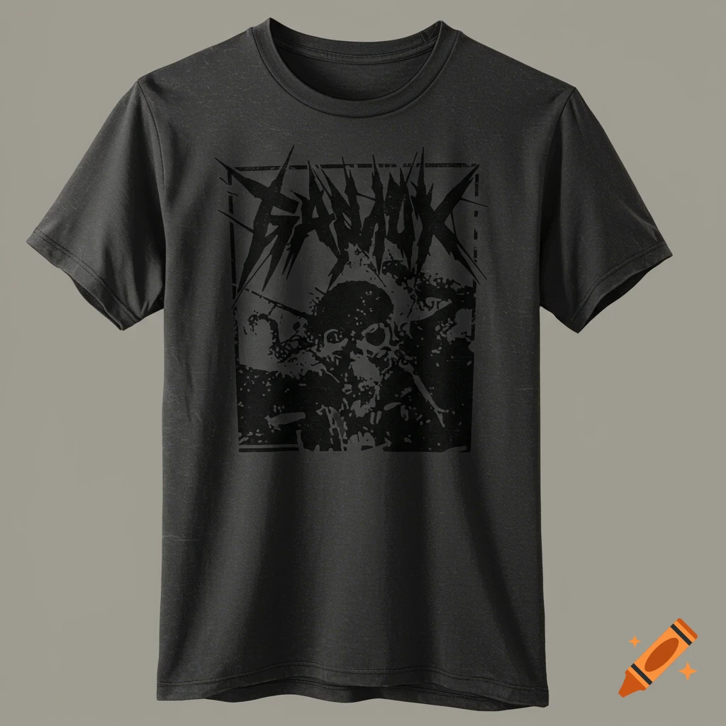 A dark gray t-shirt with a black grunge graphic featuring distorted text and a skull design.