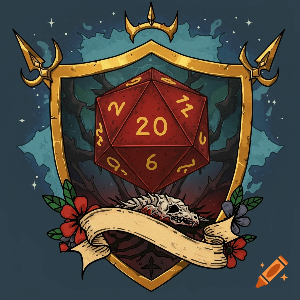 A fantasy emblem with a red d20 die, dragon skull, and flowers on a shield.