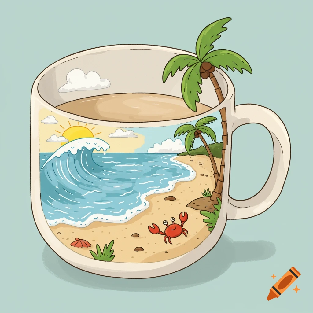 Cartoon illustration of a beach scene with waves, sand, palm trees, and a crab inside a coffee mug.
