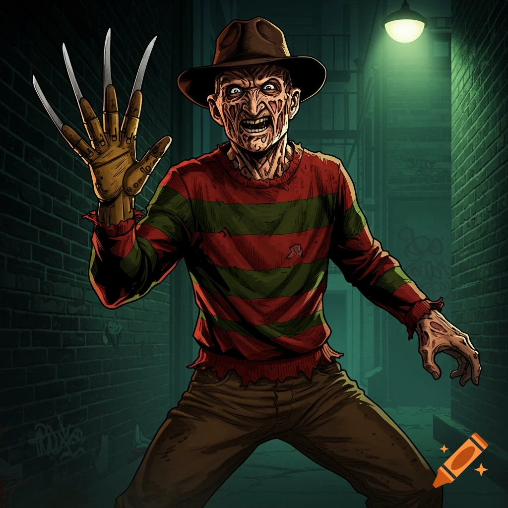 A comic book style illustration of Freddy Krueger, wearing his fedora and striped sweater, with his clawed glove raised, standing in a dark alley.
