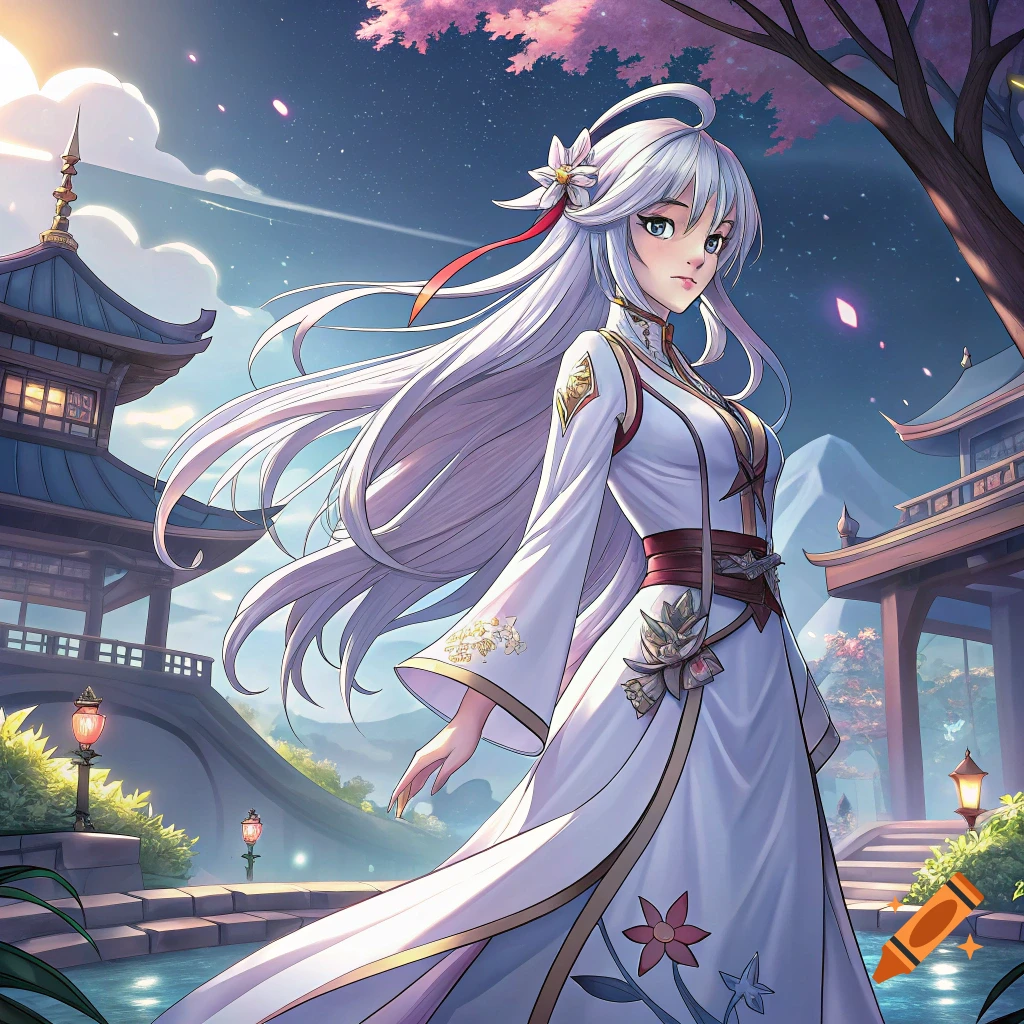 An anime character with long white hair in a traditional white and red outfit stands in a fantasy landscape with temples and cherry blossoms.