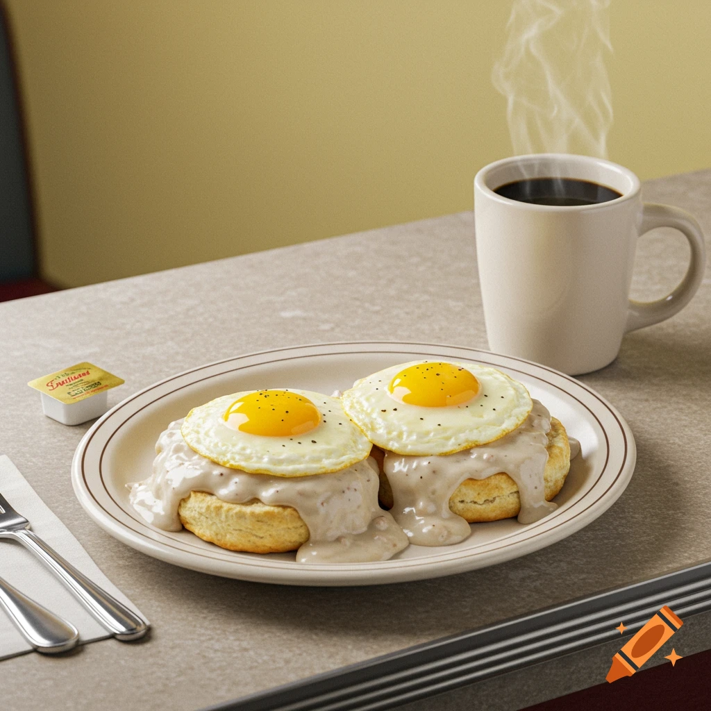 A plate of biscuits and gravy topped with fried eggs sits on a diner counter next to a steaming cup of coffee.