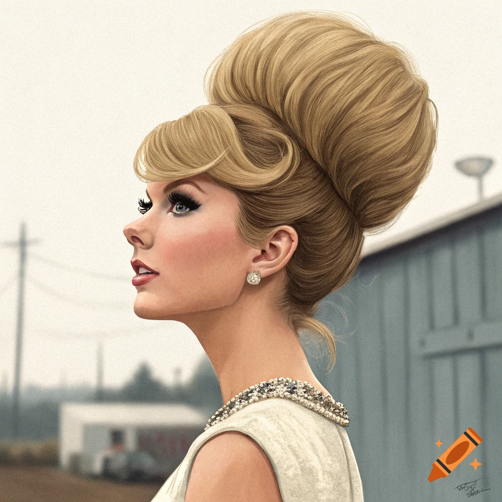 Profile portrait illustration of a person with a tall blonde beehive hairstyle wearing a jeweled dress.