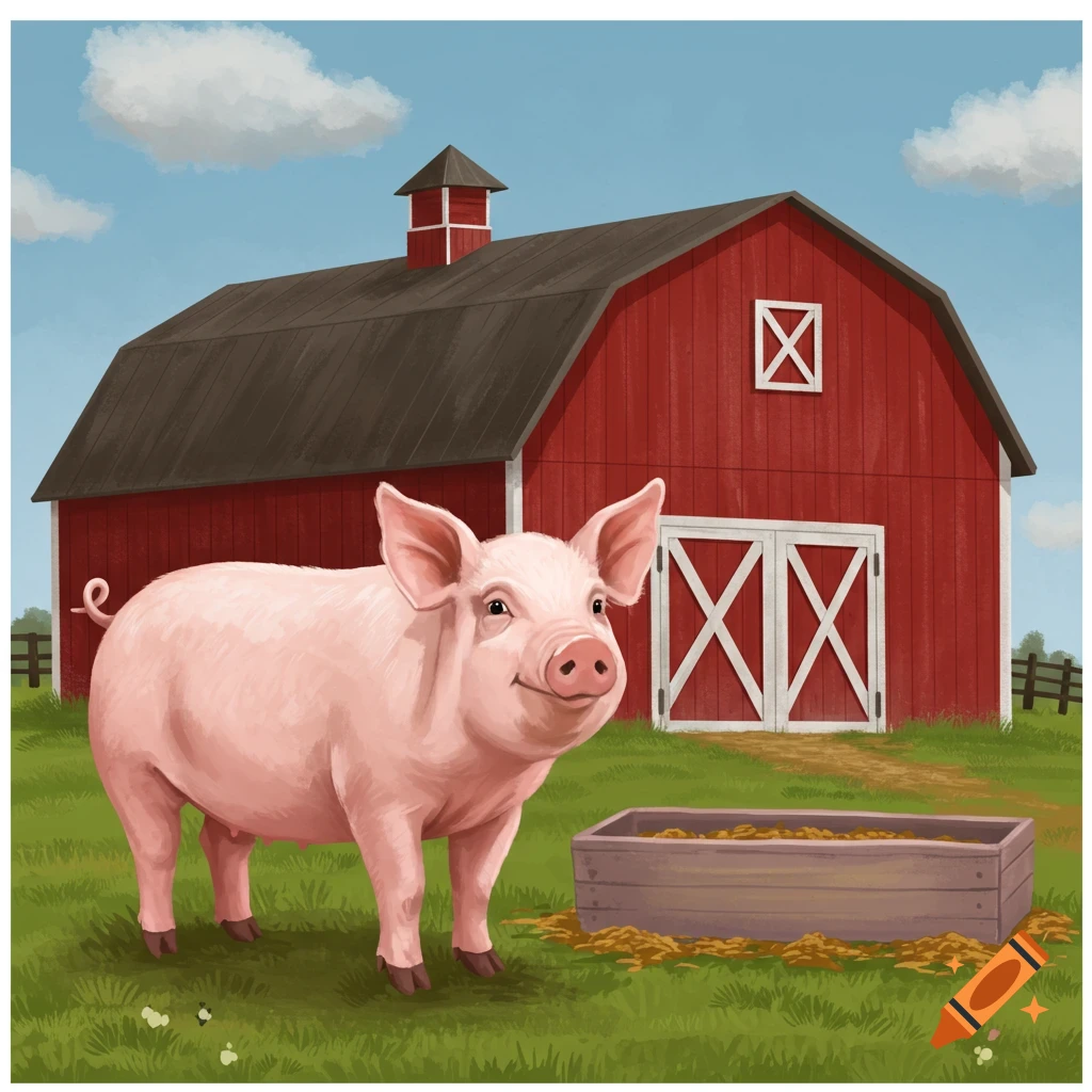 A cute pink pig stands in front of a red barn in a green field under a blue sky, illustrated.