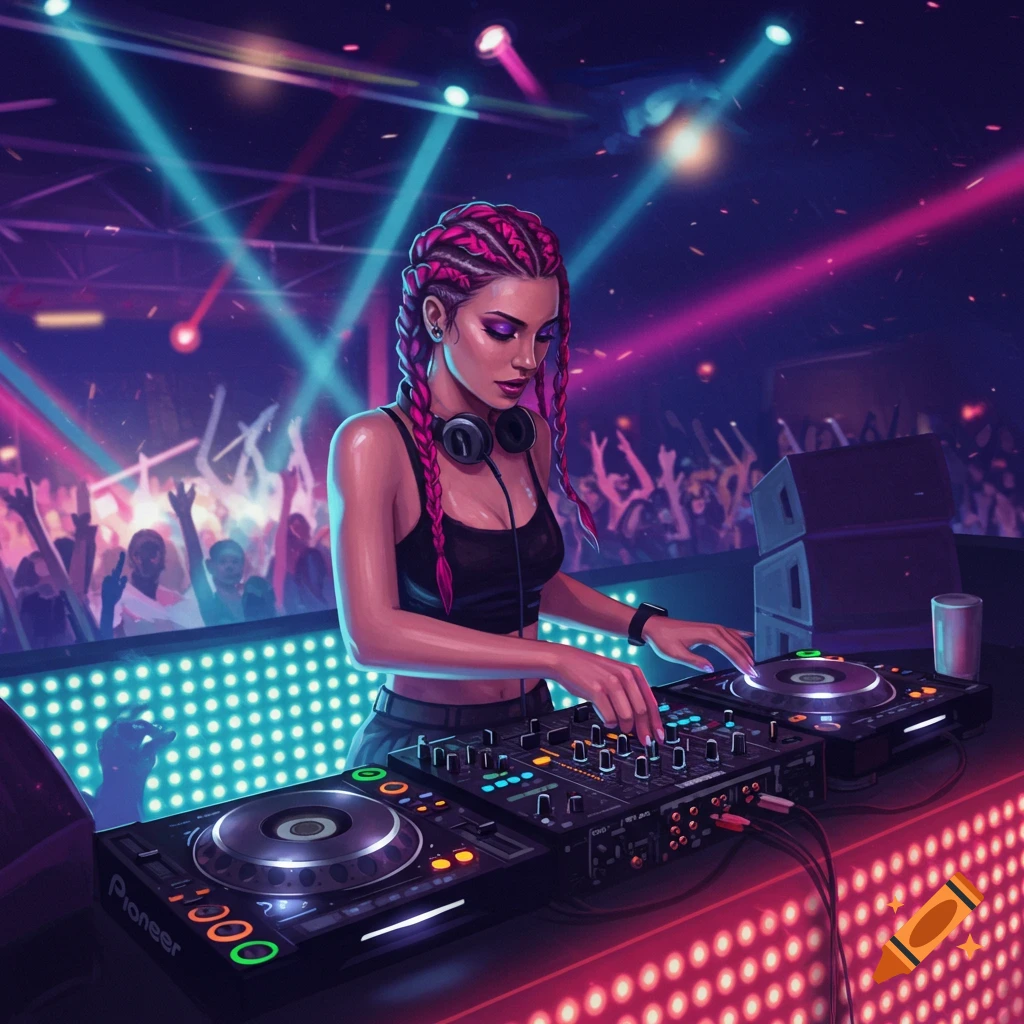 A female DJ with pink braids is playing music at a vibrant club with a cheering crowd.
