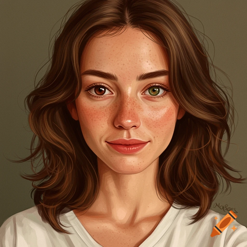 A woman with brown hair, freckles, and heterochromatic eyes smiles slightly.