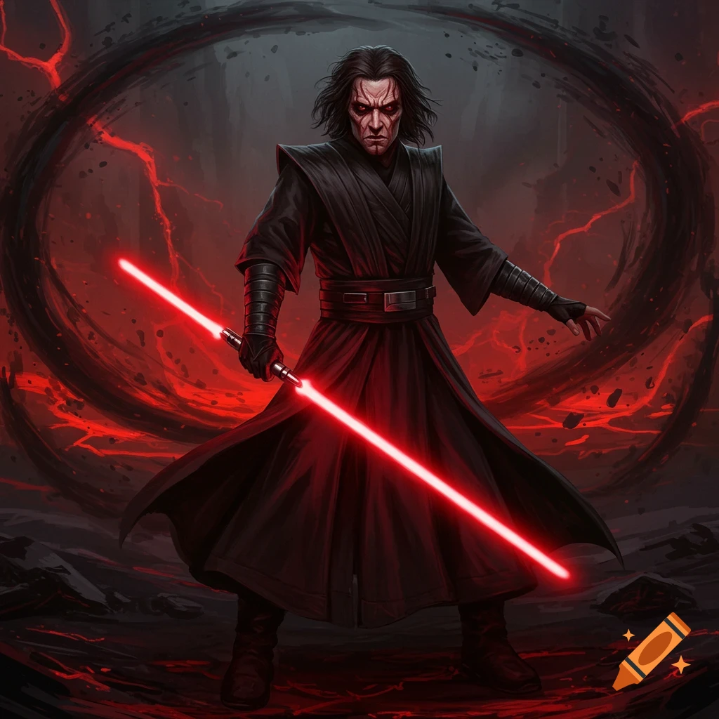 A dark-robed figure with a red lightsaber stands in a volcanic landscape.