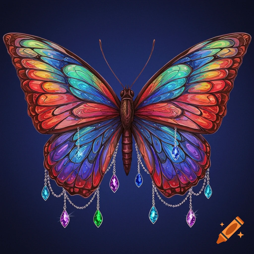 A colorful butterfly with large wings hangs with chains and sparkling gems against a dark background.