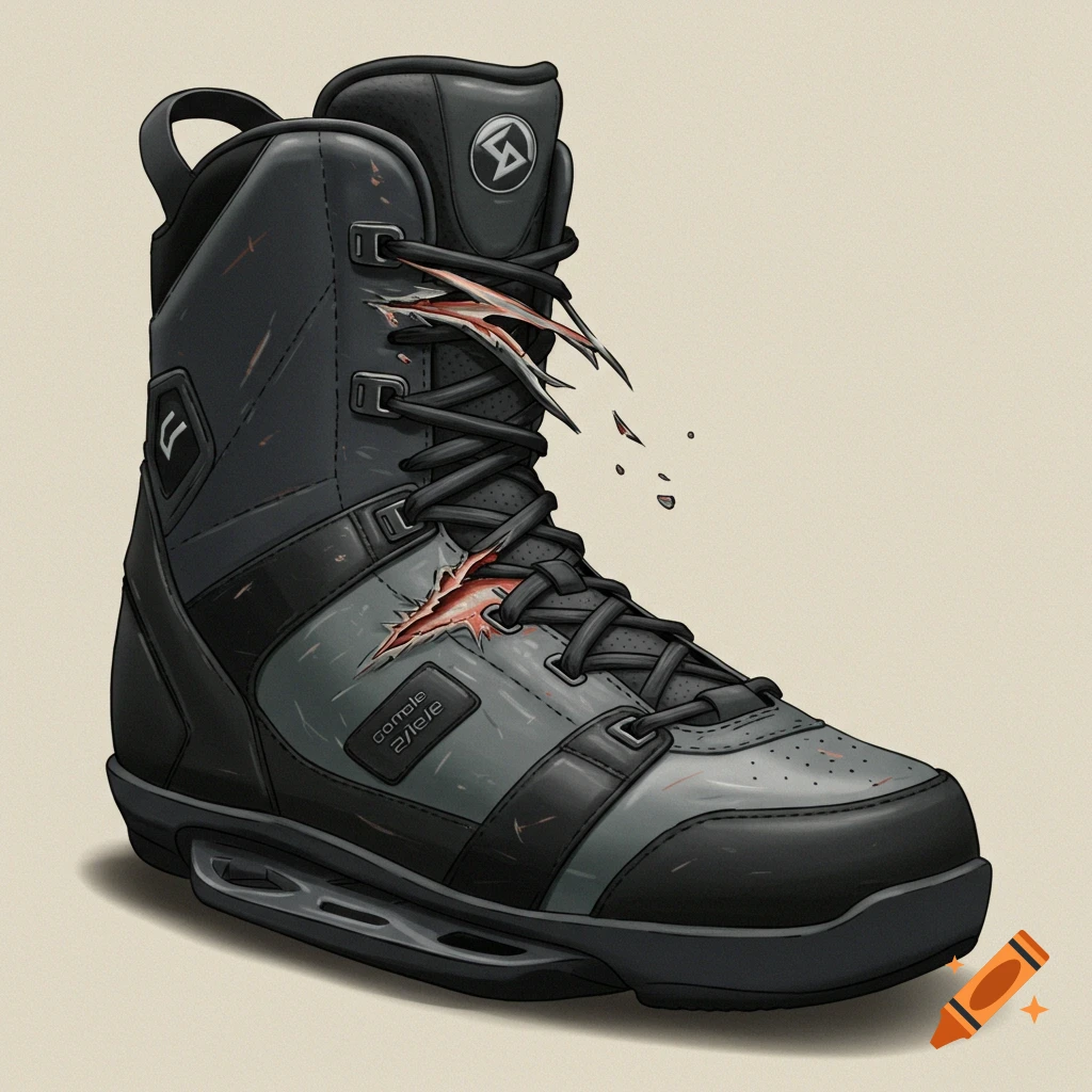 Illustration of a gray and black wakeboard boot with a large tear across the tongue.