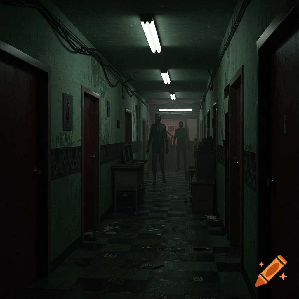 Dark, dilapidated hallway with two shadowy figures, digital horror art.