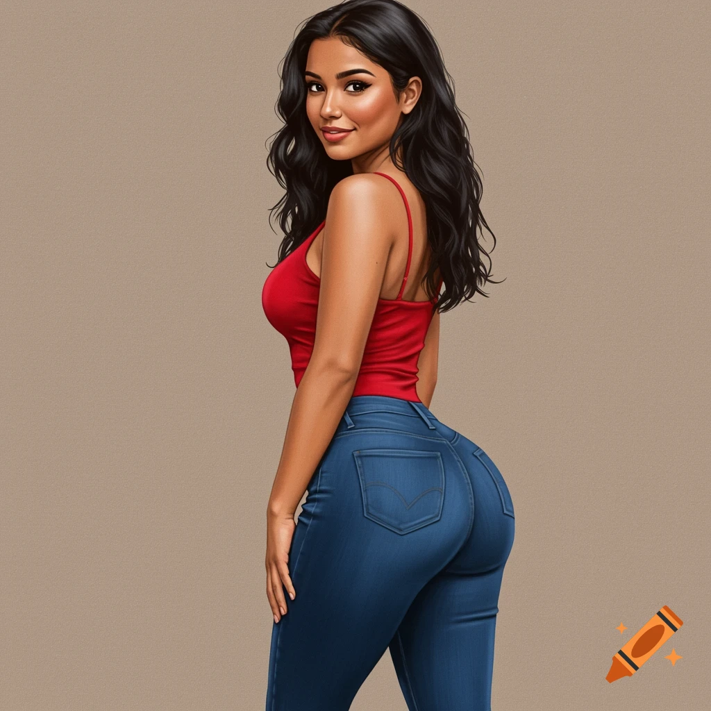 A woman in a red top and blue jeans is looking over her shoulder.