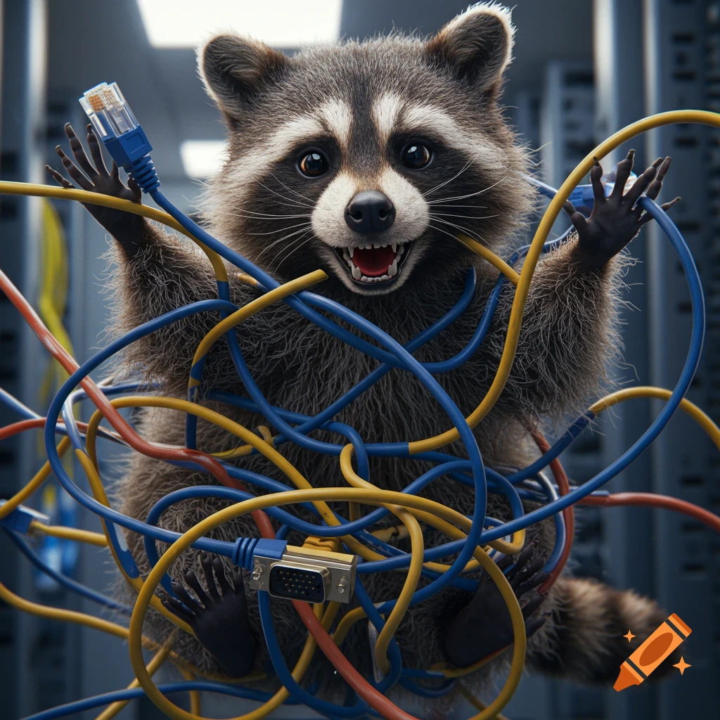 A happy raccoon is tangled in blue and yellow network cables and a beige connector in a server room.