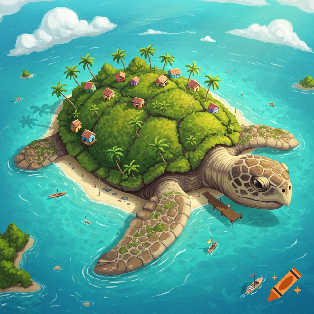 An island on a giant turtle's back with houses and palm trees in the ocean.