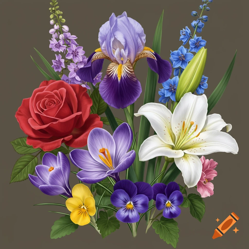 A vibrant bouquet of mixed flowers including a red rose, purple iris, white lily, purple crocuses, yellow pansy, and blue larkspur.