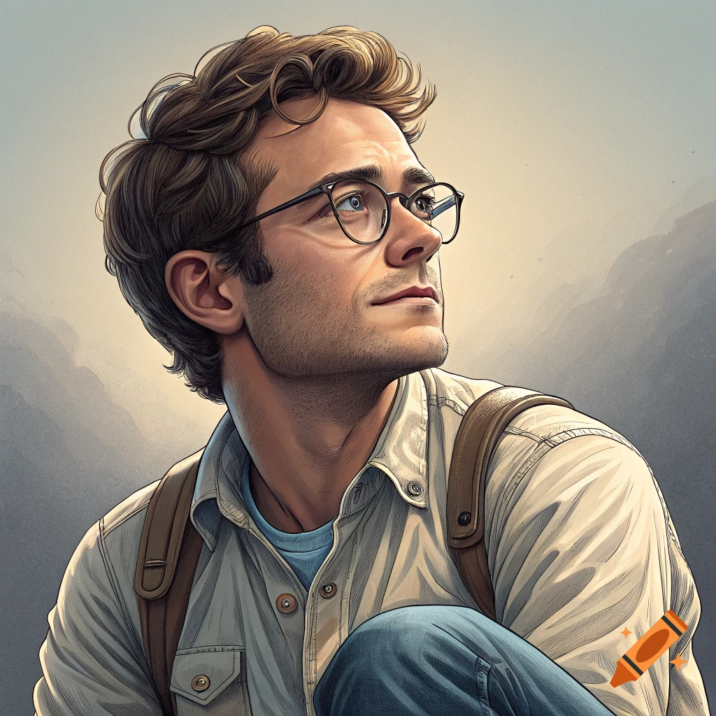 An illustration of a man with glasses looking up, wearing a shirt and backpack.