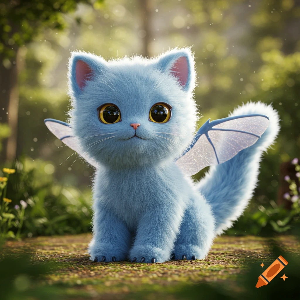 A fluffy blue cat with sparkly fairy wings sits in a sunlit forest.