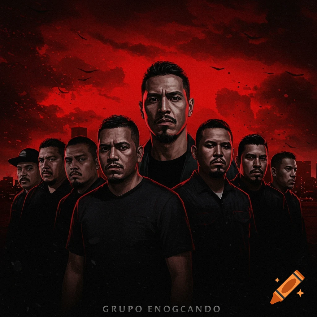 A group of serious men are shown under a dramatic red sky.