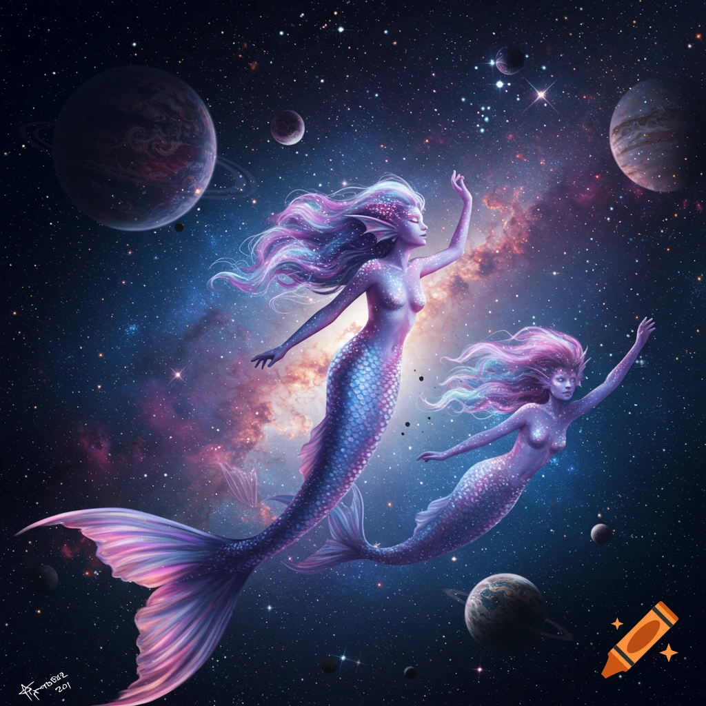 Two mermaids swimming in space surrounded by planets and stars