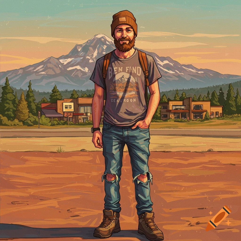 A bearded man in a beanie, t-shirt, and ripped jeans standing in a mountain landscape with buildings