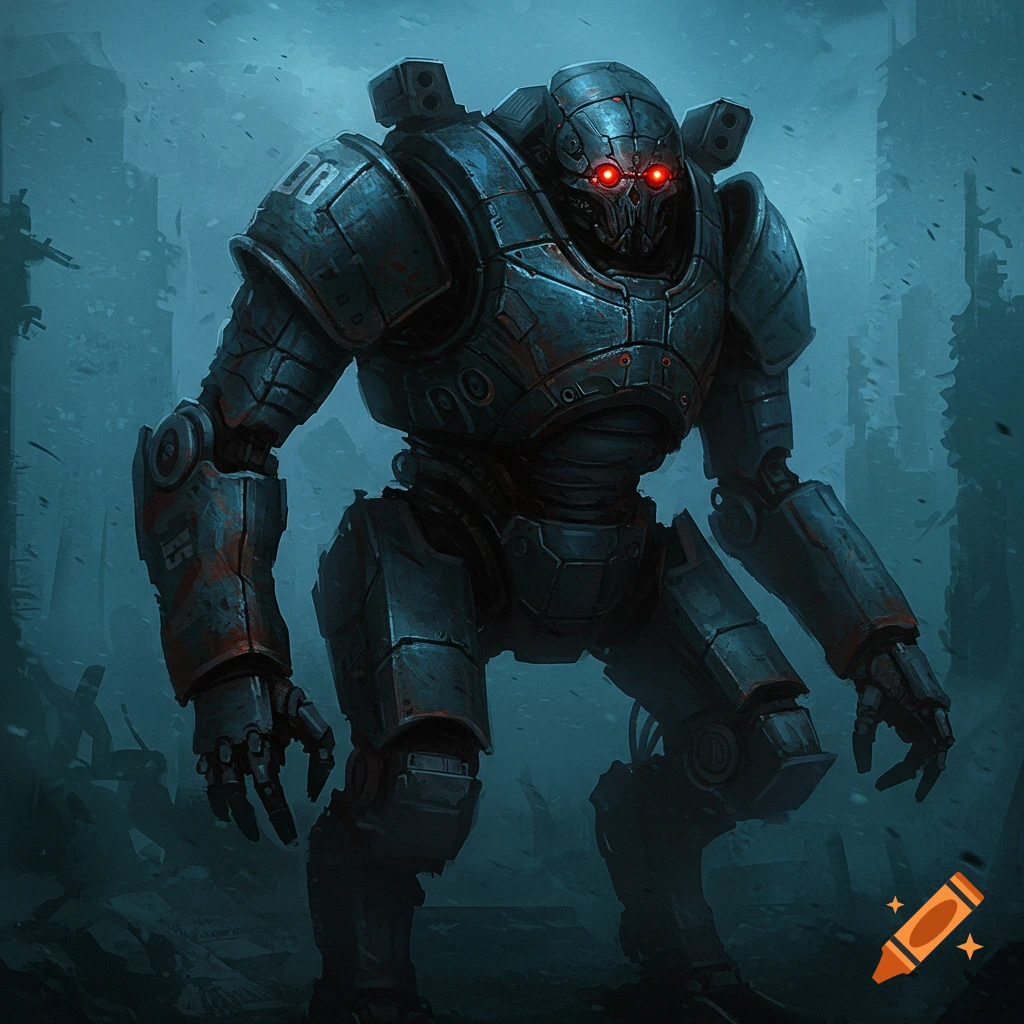 Heavily armored mech with red eyes in a ruined city.