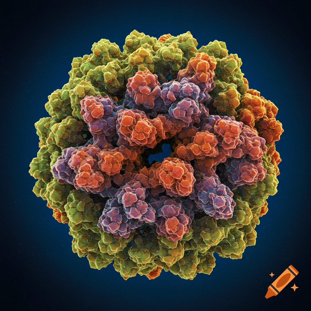 A colorful biological nanoparticle structure against a dark background.