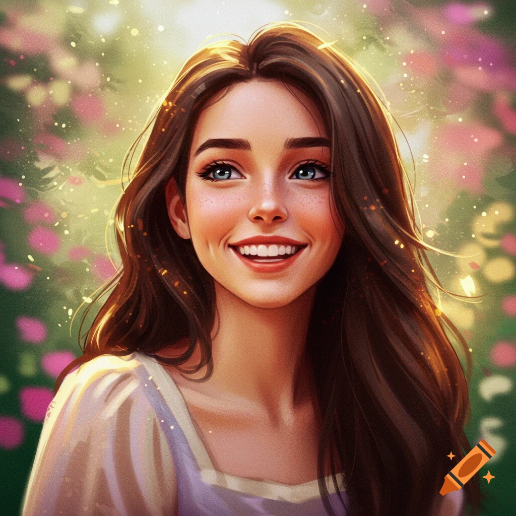 A young woman with long brown hair is smiling in a sunny garden.